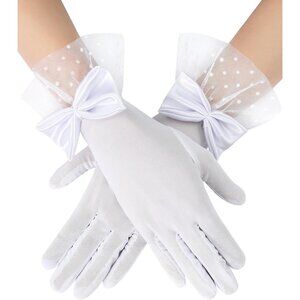 Women's Bow Lace Short Gloves White Princess Wedding Evening Party Accessories